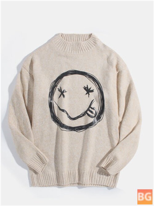 Smile Face Print Crew Neck Knit Cotton Casual Sweaters