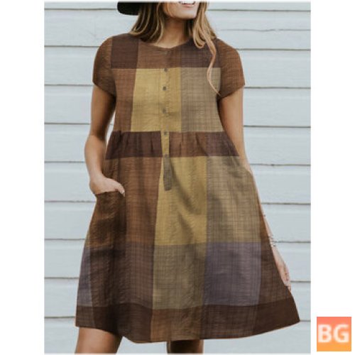 Short Sleeve Ruched Pocket Button Dress - Plaid
