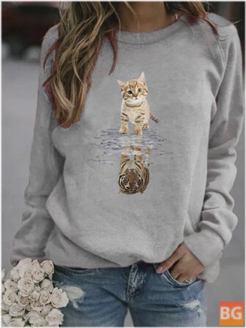 Women's Cartoon Animal Cat Print Pullover Sweatshirt
