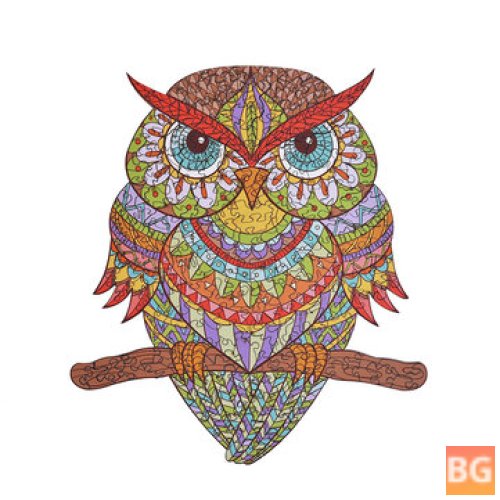 Wooden Puzzle owl with colorful feathers and a mysterious back