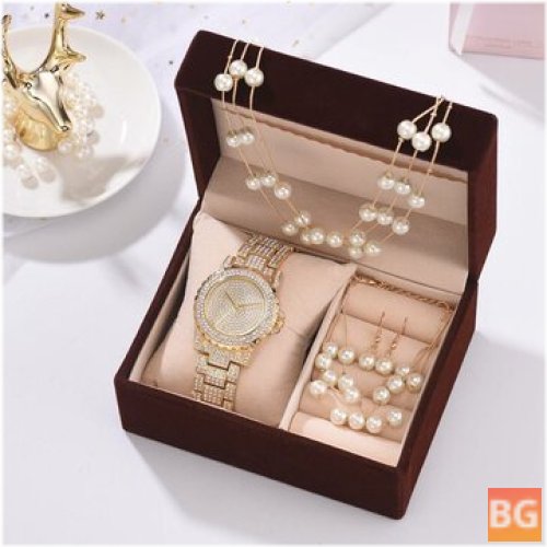 Women's Watch Set with Diamond Earrings and Necklace