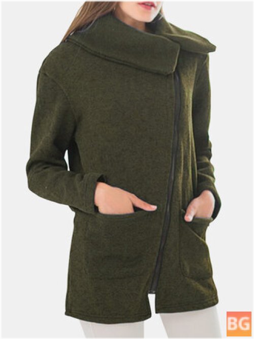 Zipper Lapel Coat for Women - Solid Color