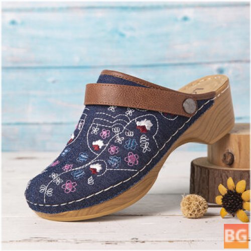 Women's Denim Floral Embroidery Closed Toe Clogs