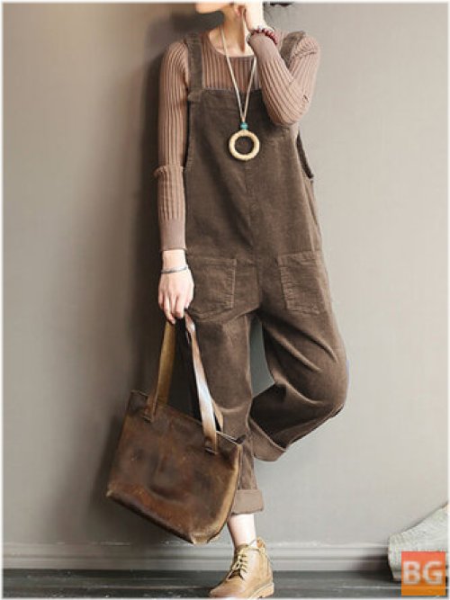 Sleeveless Corduroy Jumpsuit with Pockets for Women