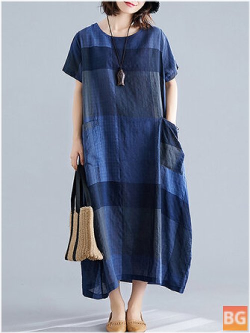 Short Sleeve Baggy Maxi Dress for Women - Grid Printed