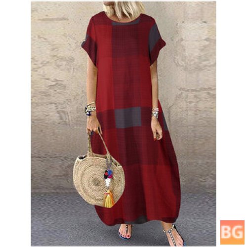Vintage Long Maxi Dress with Short Sleeve Plaid