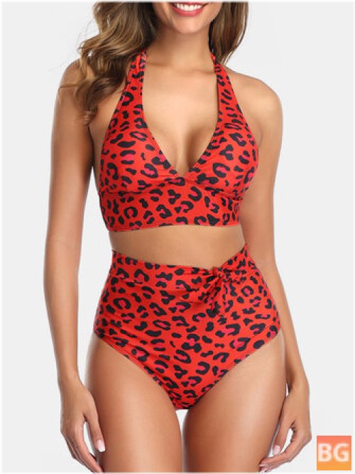 Triangle Halter Bikini with Leopard Print