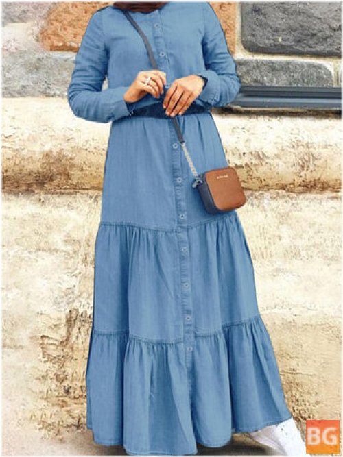 Retro Maxi Dress With Pleated Button Up Stand
