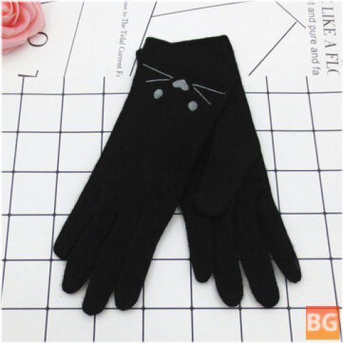 Women's Wool Cartoon Cat Embroidery Gloves