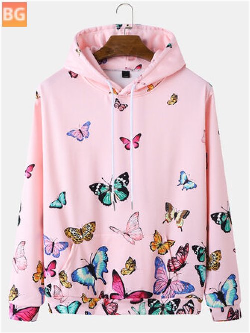 Kangaroo Pocket Hooded Sweatshirt with Butterfly Pattern