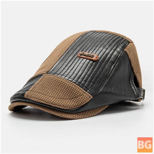 Men's Top Hat - Leather Label Patch Beret Cap - PU - Knitted - irregular - patchwork - adjustable - flat - cap