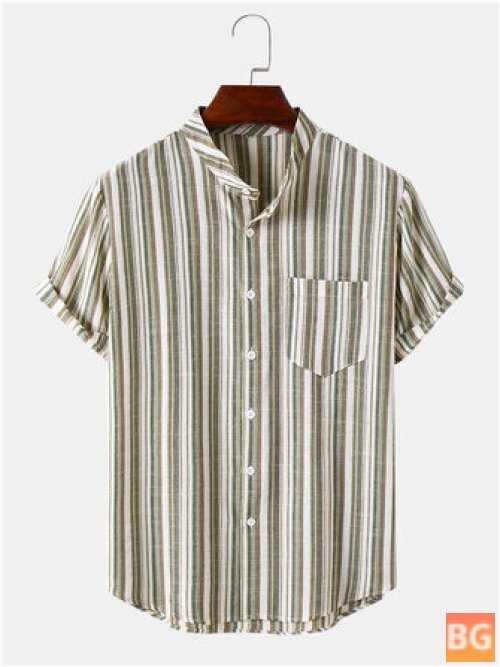 Vertical Stripe Cotton Stand Collar Shirt