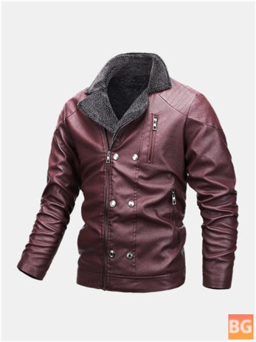 Zipper Button Men's Jacket with Warm PU Leather