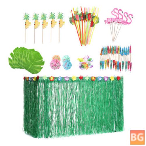 Tropical Party Decoration Set with Table Skirt and Palm Leaves - Set for Outdoor Party