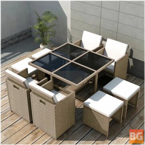 Outdoor Dining Set with Cushions and Tables Poly Rattan Beige