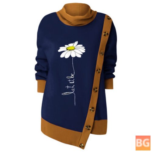 Turtleneck Patchwork Sweatshirt with Flower Print