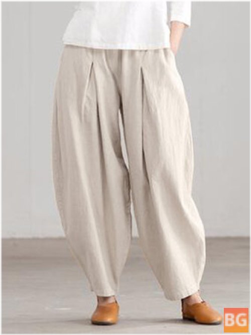 Women's Loose-Fit Cotton Ankle Length Pants - Solid Color