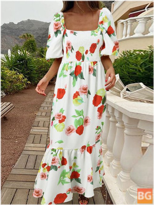 Women's Holiday Square Neck Puff Sleeve Floral Print Maxi Dress