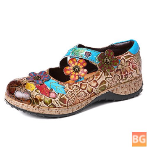 Floral Leather Cross Strap Flat Shoes