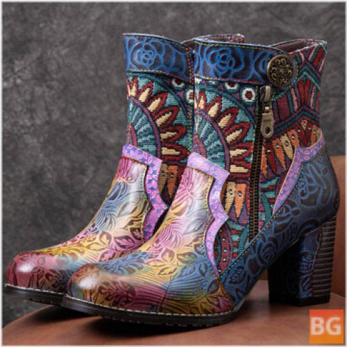Bohemian Printed Leather Patchwork Side Zip Boot - Ankle Boots