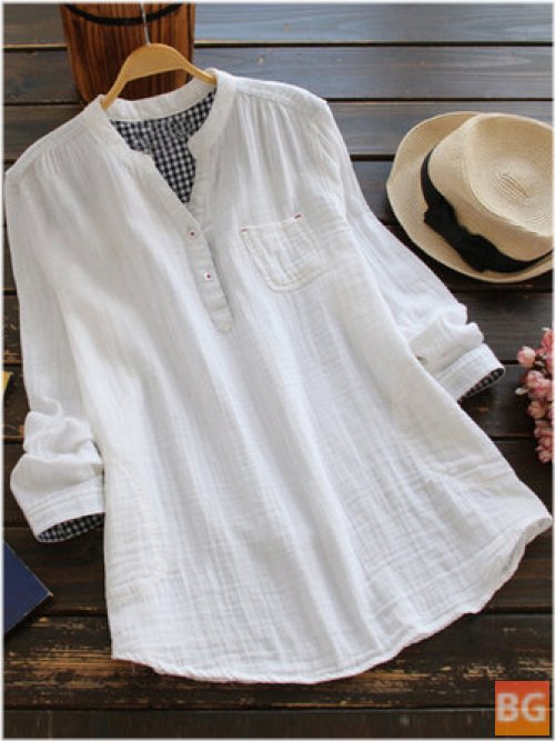 V-Neck Cotton Shirt with Button Pocket and Long Sleeves for Women