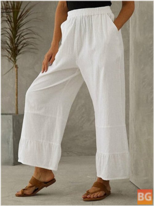 Women Cotton Plain Ruffle Cuff Elastic Waist Loose Pants