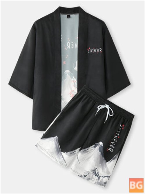 Two-Piece Kimono Outfit with Crane and Mountain Landscape Print