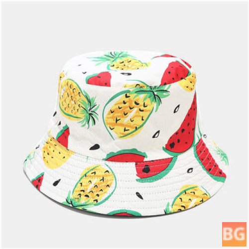 Wearable Fashion Bucket Hat with Printed Watermelon and Pineapple Design