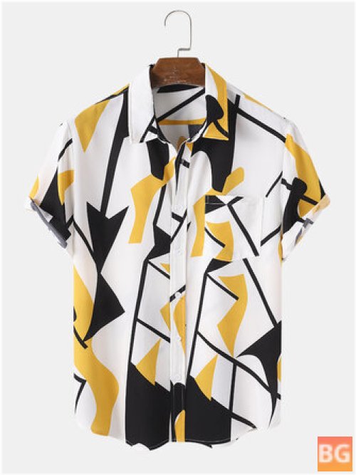 Short Sleeve Mens Geometry Print Button Up Shirt