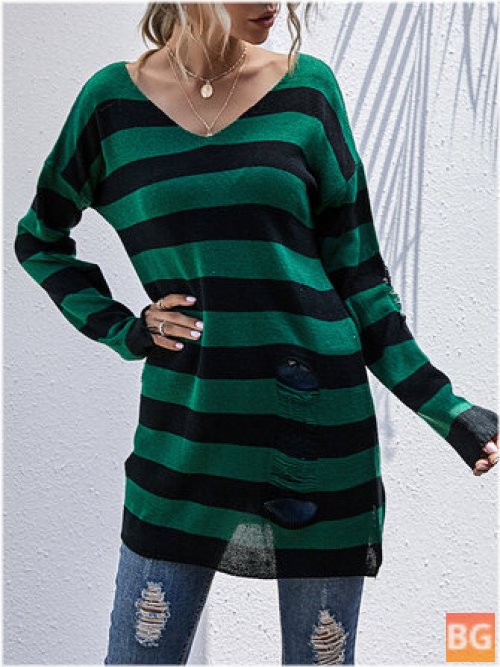 Women Striped Fitted V-Neck Knitted Sweaters