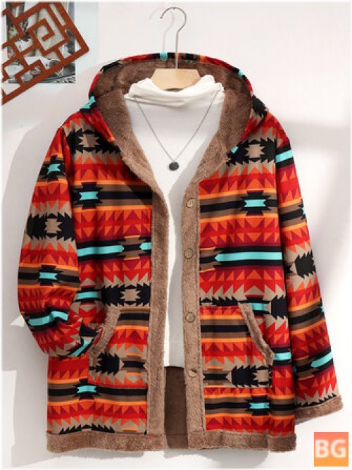 Women's Hooded Fluffy Ethnic Pattern Pocket Buttons Casual Coats