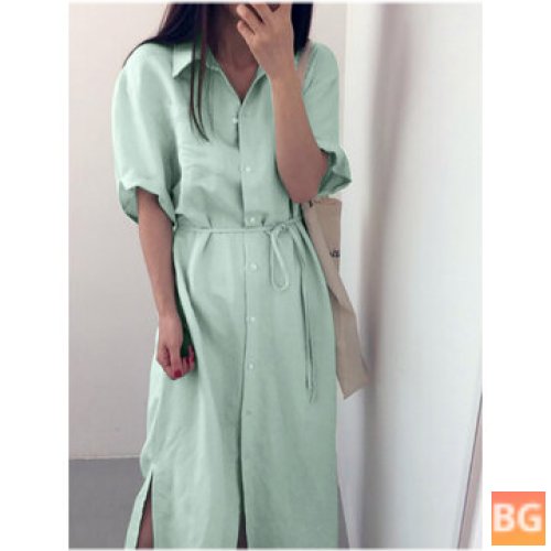 Solid Slit Lapel Shirt Dress