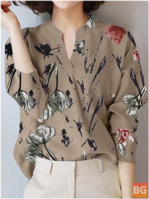 Women's Plant Print Stand Collar Blouse