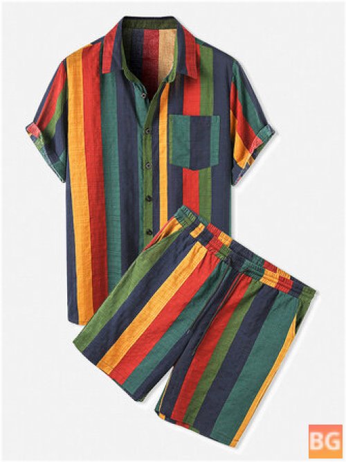 Short Sleeve Shirt & Shorts - Mens Cotton Colorful Stripe