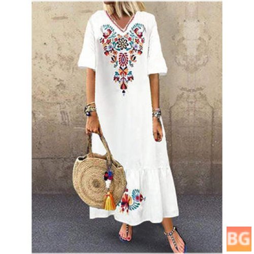 Beach Maxi Dresses - Bohemian Floral Print V-neck Flare Half Sleeve