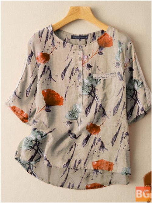 Short Sleeve Button Pocket Blouse with Plant Print