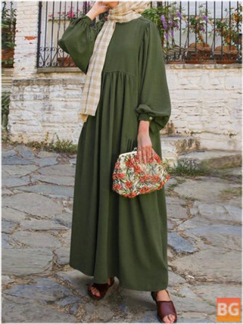 Women's Retro Solid Puff Sleeve Hollow Out Collar Abaya Kaftan Pleated Maxi Dress