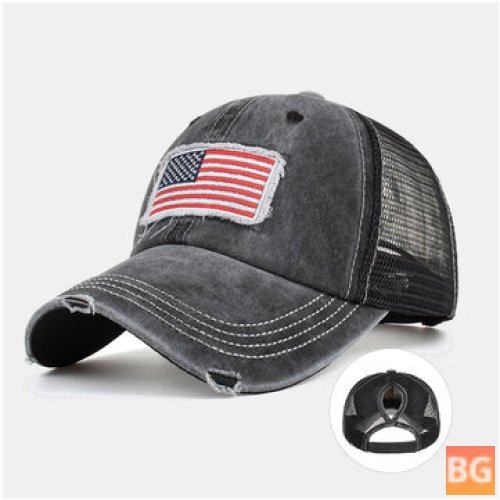 Washed American Flag Patch Ponytail Baseball Cap - Mesh Breathable