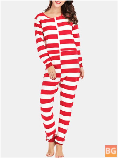 Women's Sleepwear - Long Sleeve Zipper Striped Print Dress Striped Striped Sleepwear