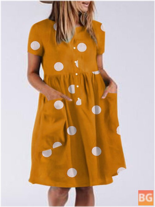 Short Sleeve Button Pocket Dress with Polka Dots