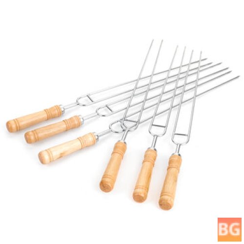 6PCS Stainless Steel Grill skewers with wood handle - outdoor camping BBQ tool