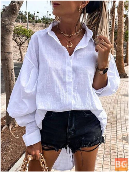 Women Cotton Solid Color Drop Shoulder Lapel Pleats Short Sleeve Shirts