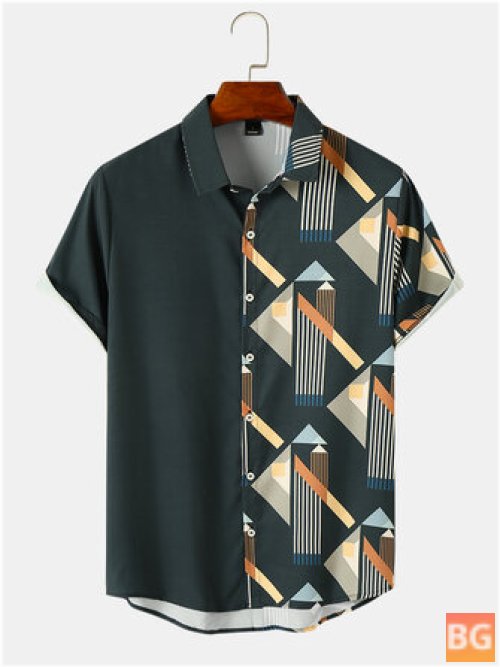 Geometric Patchwork Men's Short Sleeve Shirt with Lapel and Front Buttons