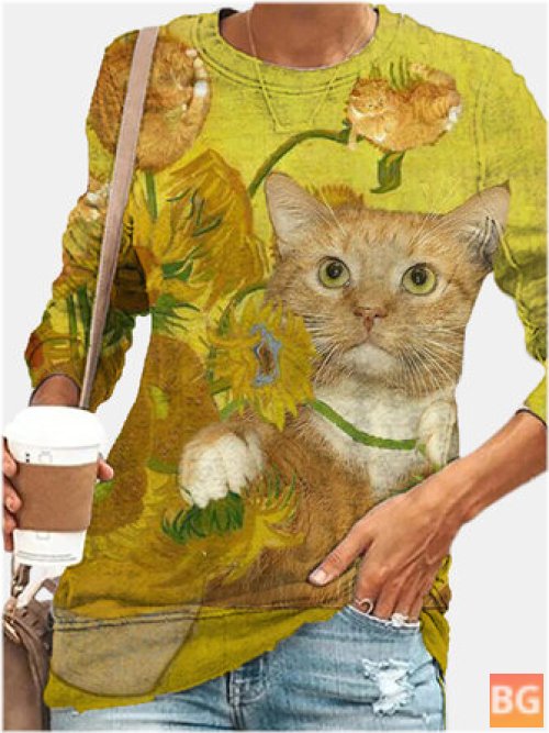 Women's Flower Cat Print O-neck Pullover Blouses