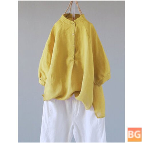 Button Blouse with Cotton Stand Collar - Women