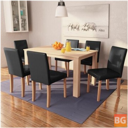 Table with Chairs and Footstools in Artificial Leather and Oak Black