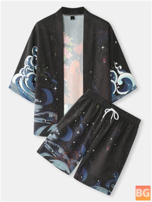 Fish & Koi Back Print Kimono - Japanese Two Pieces Outfits