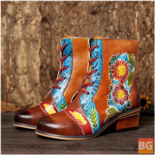 Flowers Embossed with Genuine Leather Stitching - Short Boots