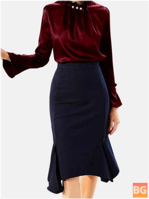 Long Sleeve Ruffled Office Blouse - Solid Color