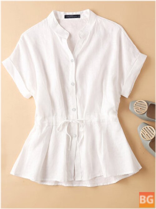 Button Roll Sleeve Blouse with Button Straps